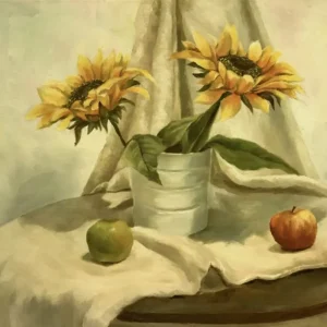 Student showcasing her completed canvas in a bright studio during the Oil Painting class Singapore at Visual Arts Centre