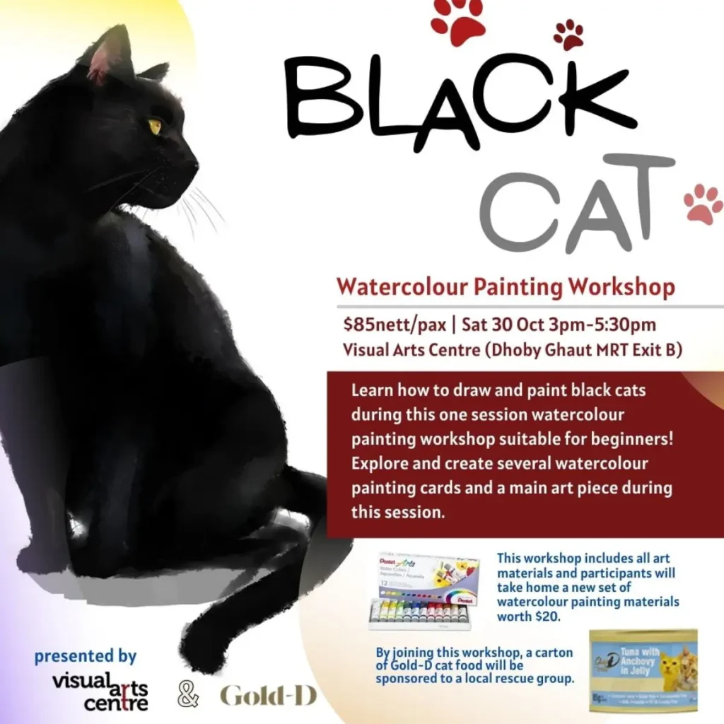 Participants painting a black cat using watercolour techniques at Visual Arts Centre, Singapore.
