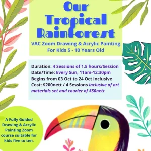 Illustration of tropical rainforest animals and plants promoting a Zoom art class for kids aged 5–10