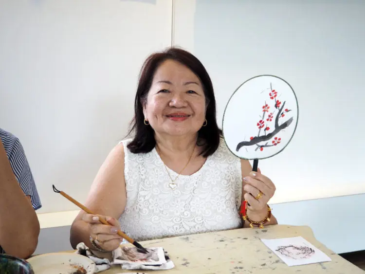 Auspicious Plum blossom painting on fan! Visual Arts Centre Singapore