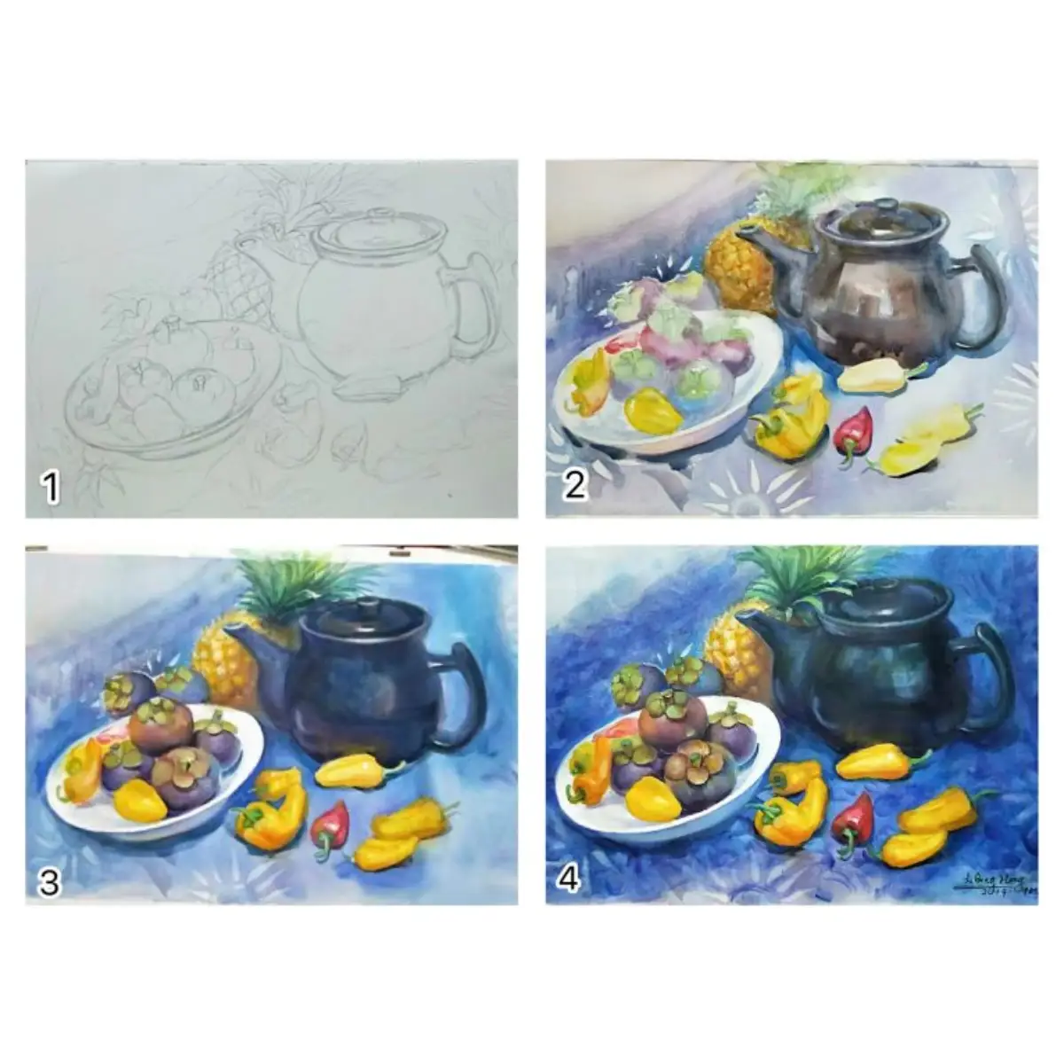 Students painting colourful watercolour landscapes and still life during a 24 sessions professional watercolour course