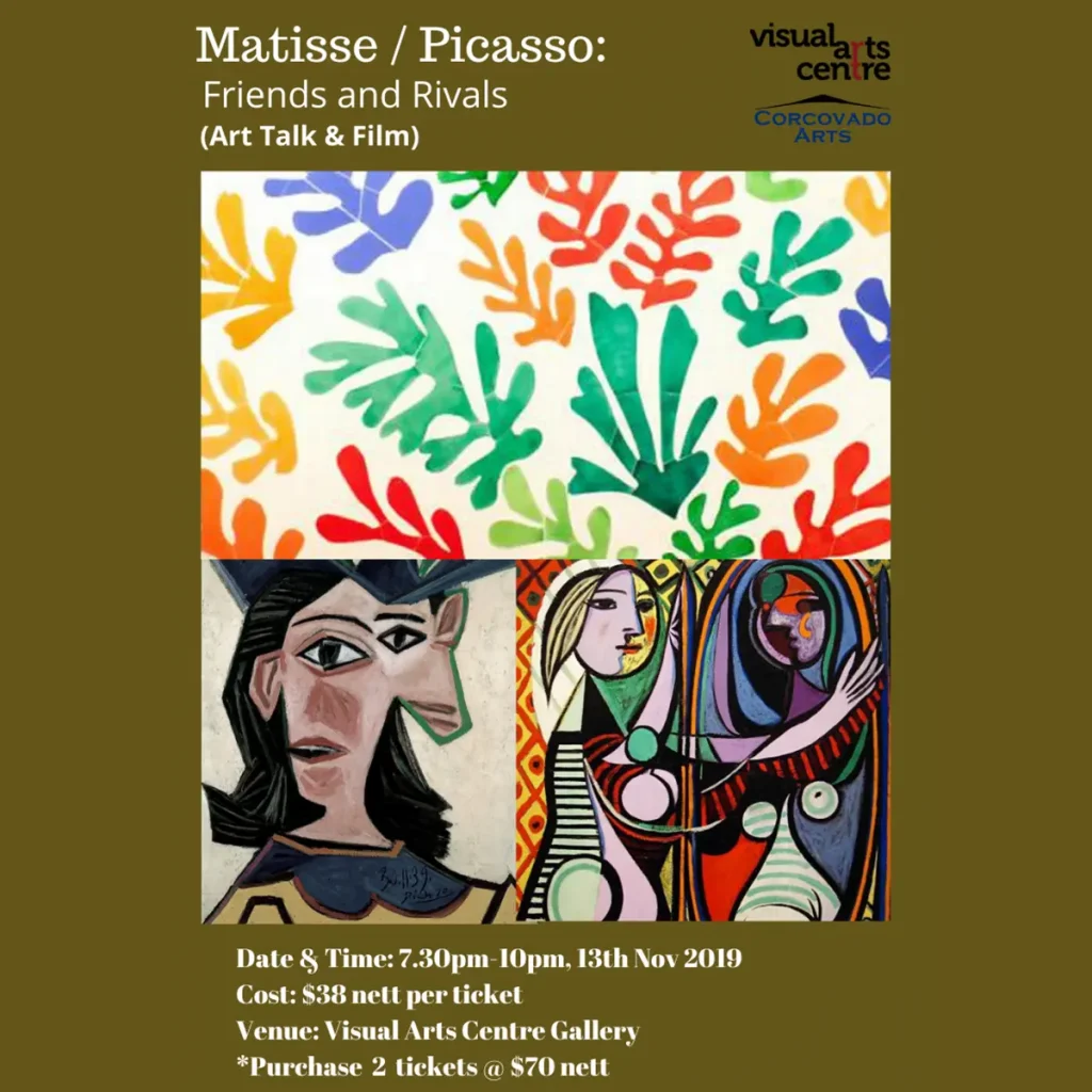 Promotional poster for Matisse Picasso art talk and film screening by Corcovado Arts with mention of Nude Life Drawing Classes Singapore