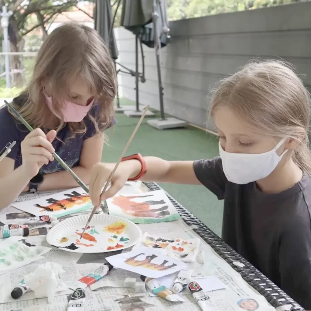 Holiday boot camp art class featuring students creating Mixed Media and Collage Design artworks