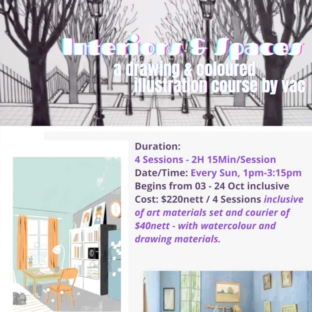 Student participating in a zoom drawing and sketching course focusing on interior and space illustration