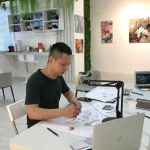 A participant engaging in a Zoom Live Acrylic Painting session at Visual Arts Centre Singapore, showcasing a serene landscape artwork in progress