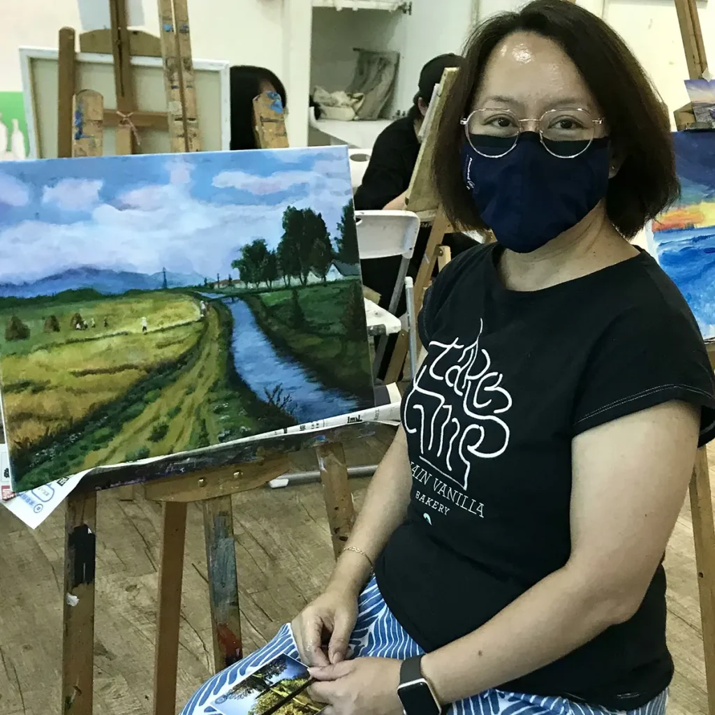 Acrylic painting class in progress via Zoom, featuring a live art demonstration by a professional instructor.