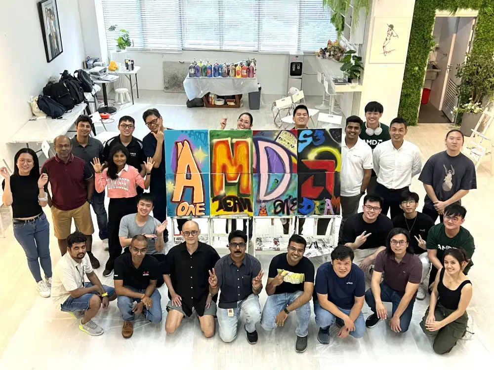 Group photo AMD Graffiti Spray Painting on canvas team bonding art jamming