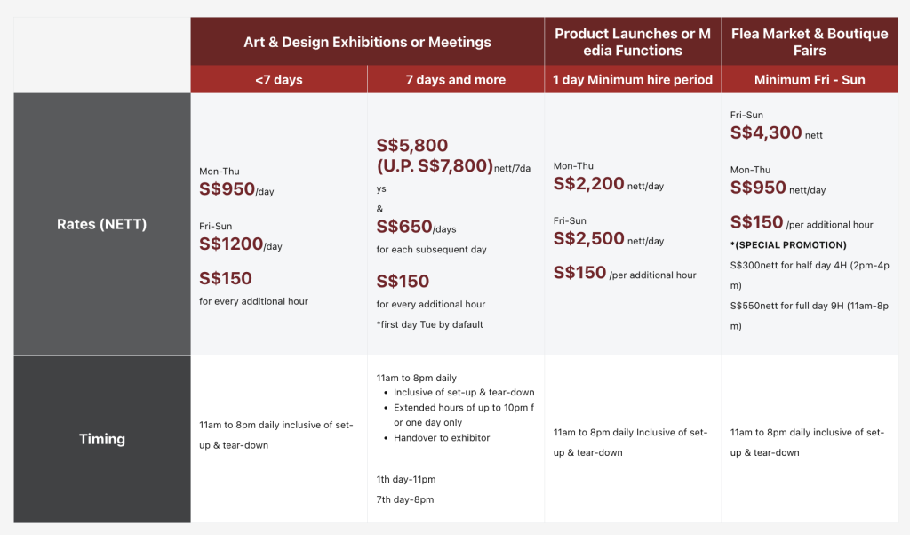 best event venue/space for hire/rental in Singapore city central for art and non art event hire rate