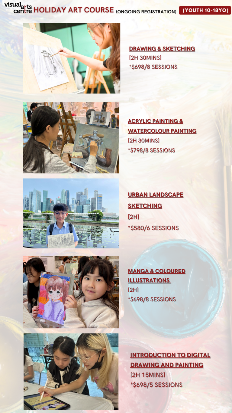 holiday teenager art course, art class singapore drawing and sketching, watercolour painting, acrylic painting, manga & coloured illustration, introduction to digital drawing and painting, line drawing with colour