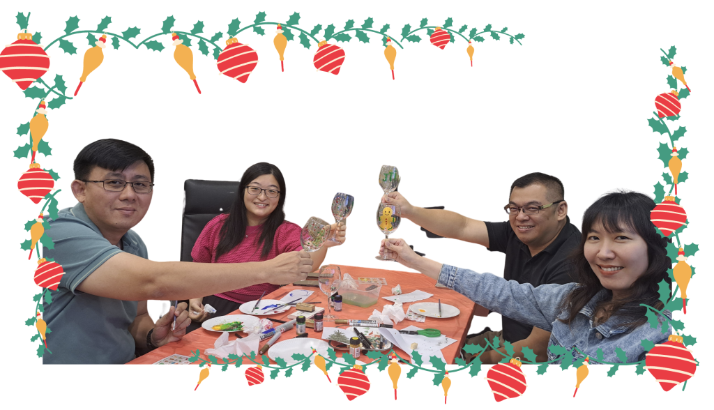 Christmas team bonding art jamming glass painting with Visual Arts Centre