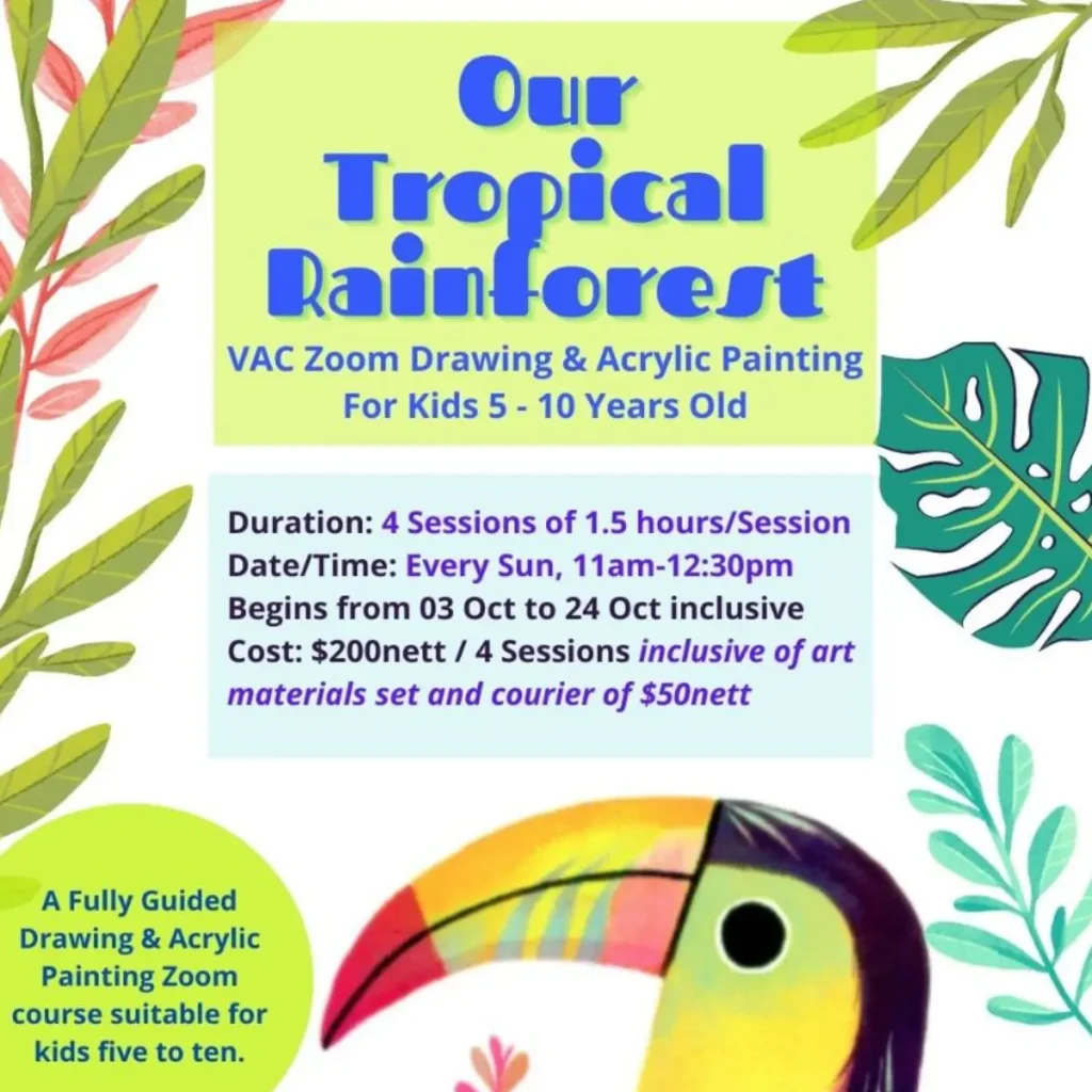 子どもがズームで熱帯雨林をテーマに絵を描いている様子