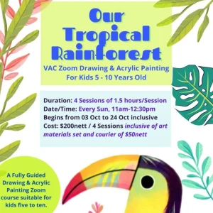 아이들이 줌을 통해 열대 우림을 주제로 그림을 그리고 있는 모습