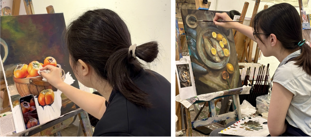 Our student learning and completing their oil painting at visual arts centre singapore