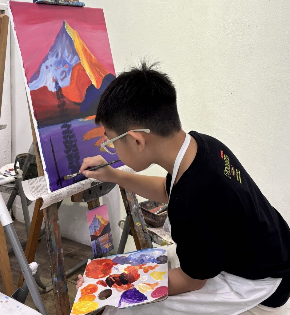 Child Kid Children Painting a Landscape painting of a mountain landscape acrylic painting