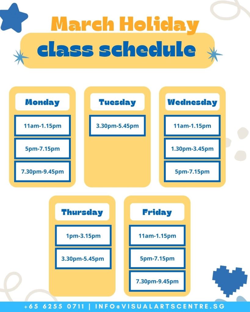 Art class schedule for holiday kids and teens in Visual Arts Centre