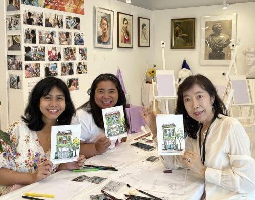 Guided outdoor urban landscape sketching with watercolour illustration with art and cultural program for international students at Visual Arts Centre Singapore