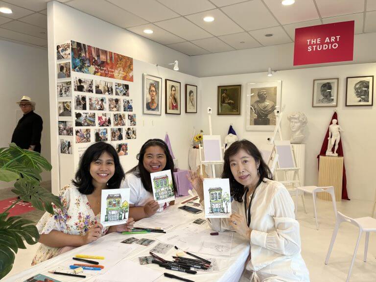 Guided outdoor urban landscape sketching with watercolour illustration with art and cultural program for international students at Visual Arts Centre Singapore