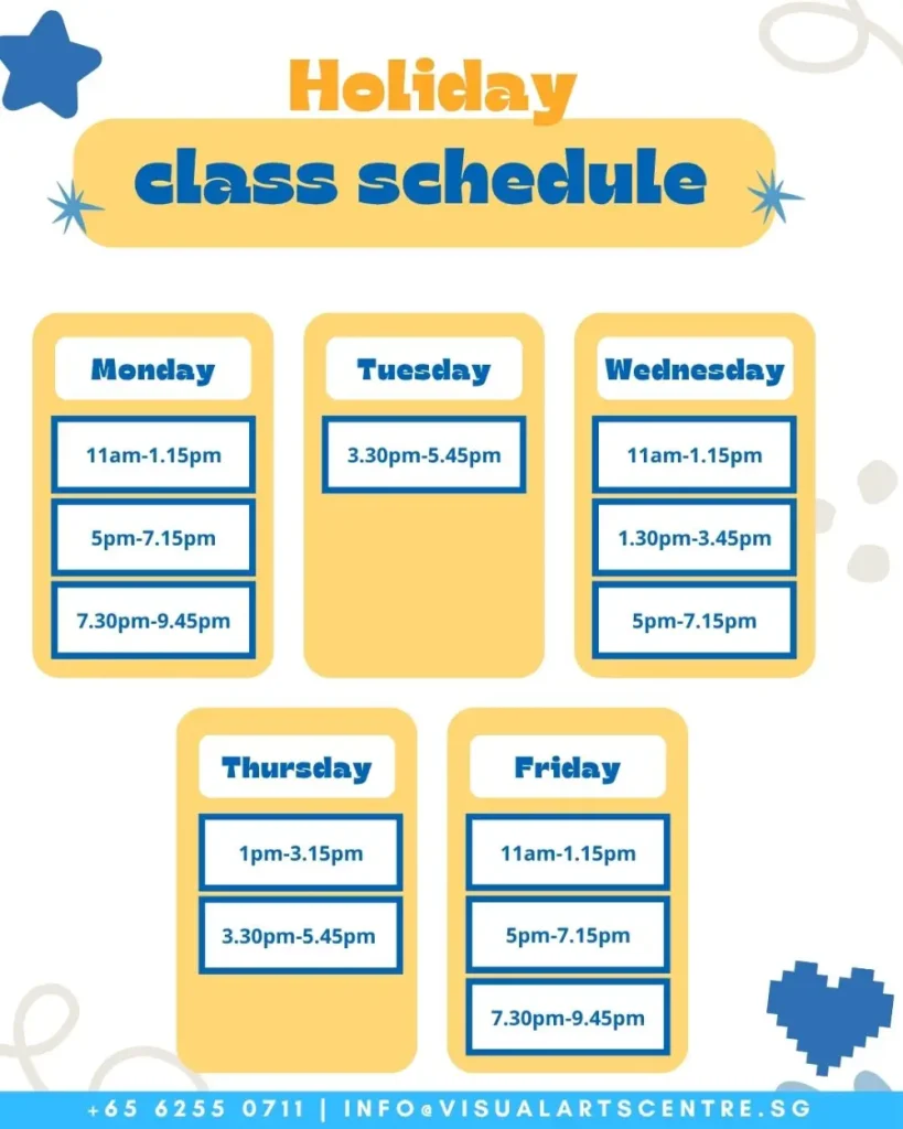 schedule for School Holiday Art Program Art Bootcamp for 6-9YO Visual Arts Centre