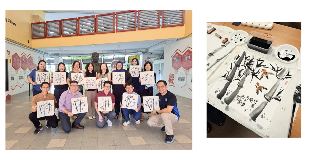 Chinese Ink Painting on fan group photo art workshop team bonding Racial Harmony Day National Day art jamming Visual Arts Centre