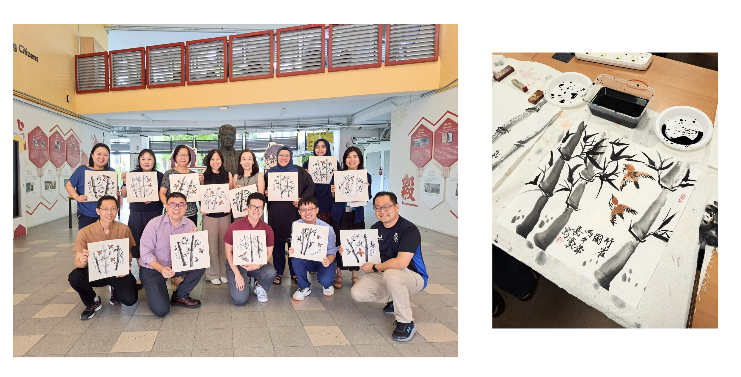Chinese Ink Painting on fan group photo art workshop team bonding Racial Harmony Day National Day art jamming Visual Arts Centre