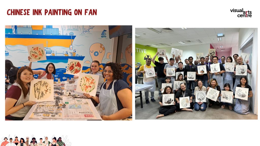 Chinese Ink Painting on fan group photo art workshop team bonding Racial Harmony Day National Day art jamming Visual Arts Centre